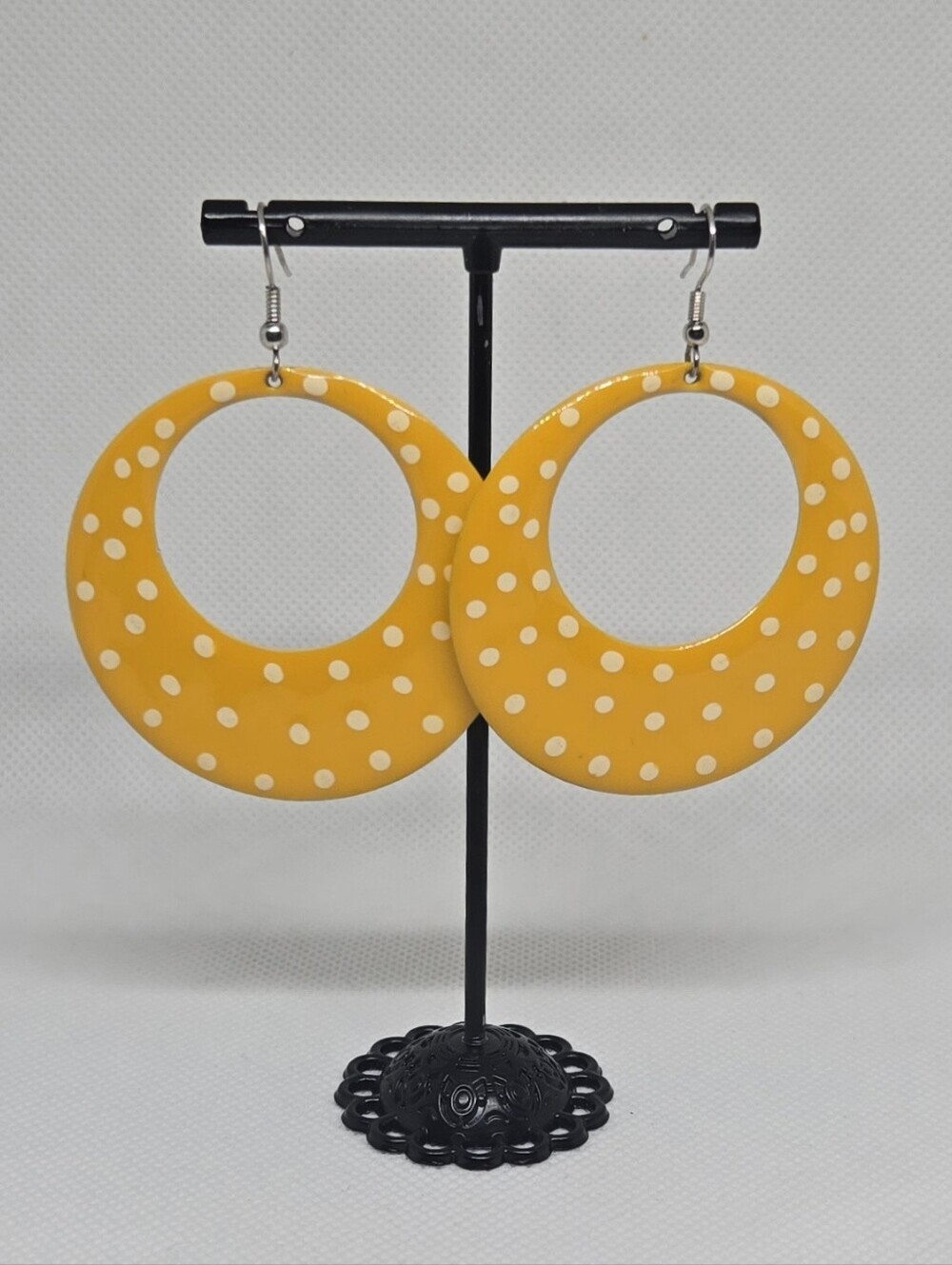 Yellow Polka Dot Hoop Drop Earrings Retro Statement Costume Jewelry